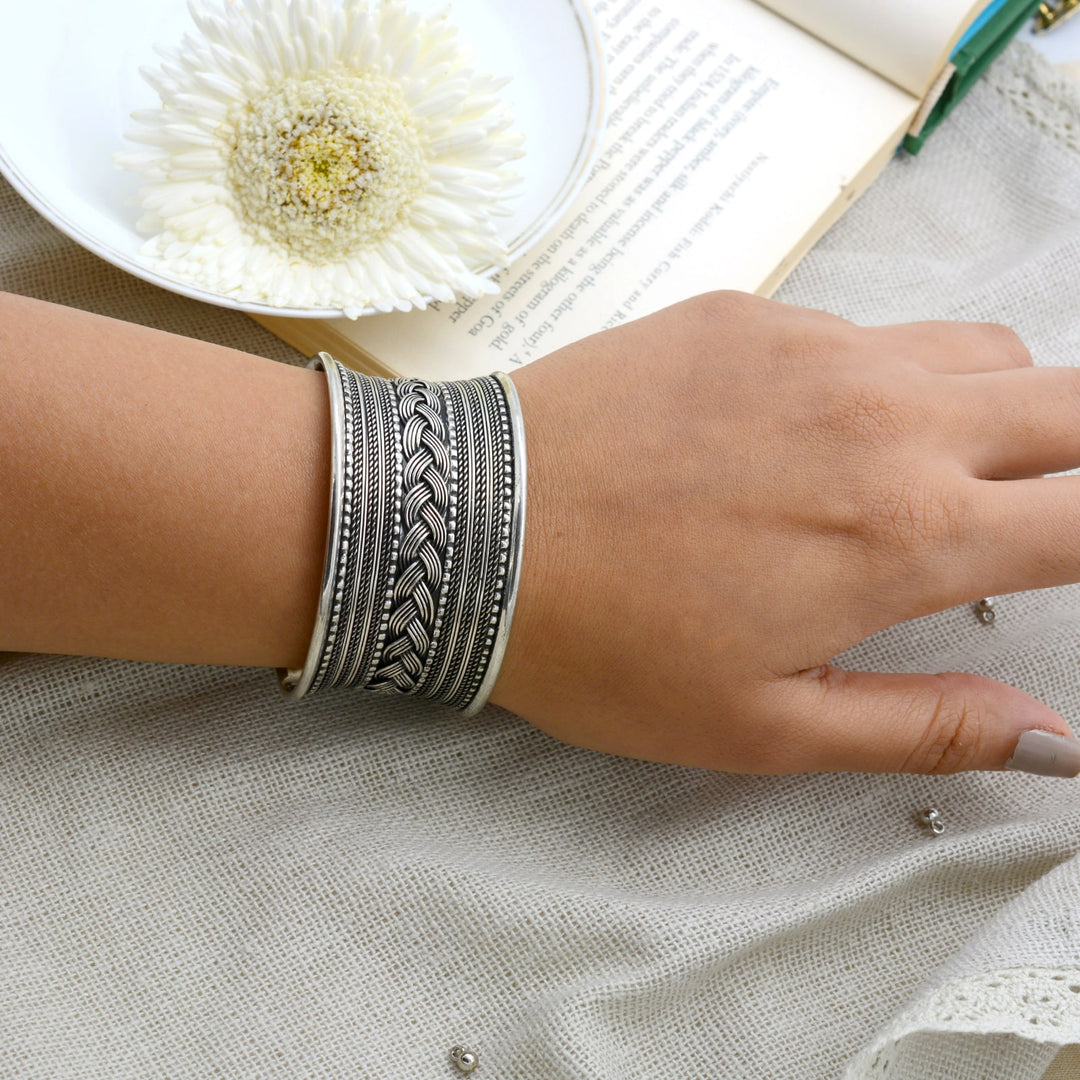 Madhu Braided Embossed Silver Oxidized Bracelet Cuff - Teejh