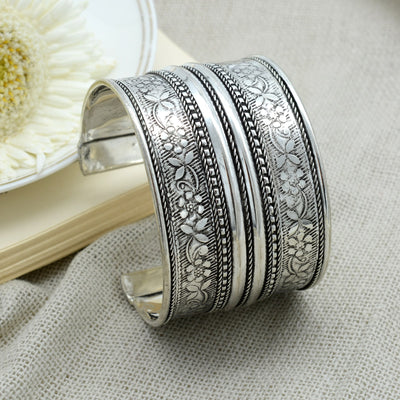 Raksha Floral Embossed Silver Oxidized Bracelet Cuff - Teejh