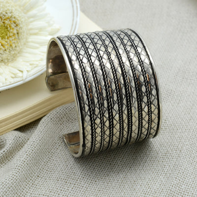 Zia Embossed Silver Oxidized Bracelet Cuff - Teejh