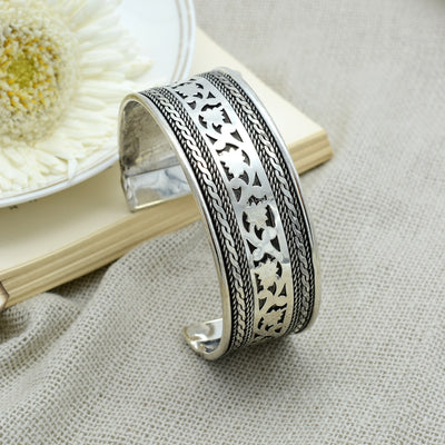 Chaya Floral Embossed Silver Oxidized Bracelet Cuff - Teejh
