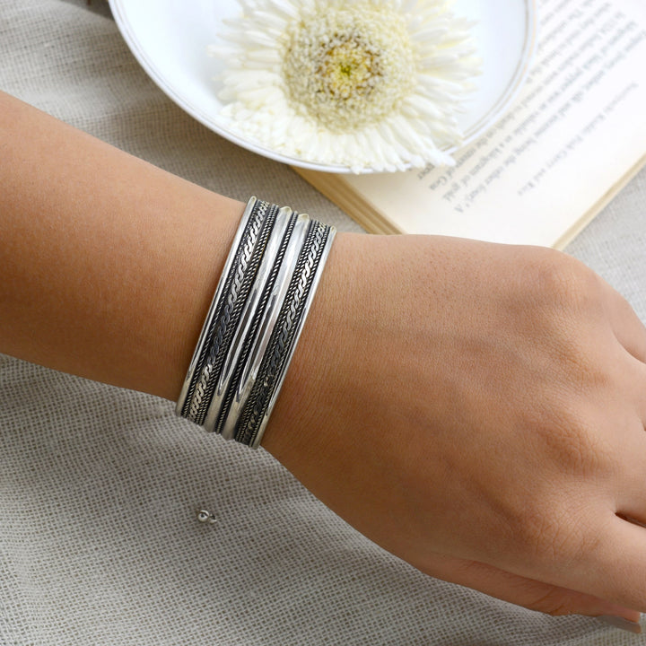 Shreya Embossed Silver Oxidized Bracelet Cuff - Teejh
