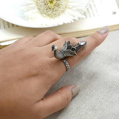 Sukriti Antique Silver Oxidized Peacock Ring - Teejh