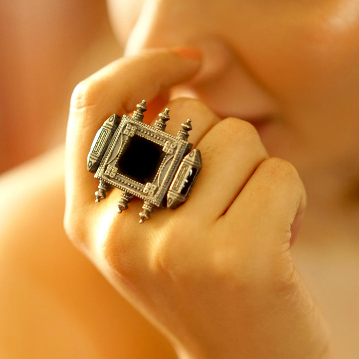 Meena Black Enamel Silver Oxidized Ring