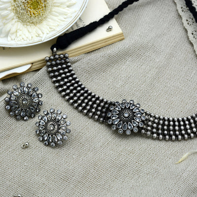Sasha White Circular Silver Oxidized Necklace Set - Teejh