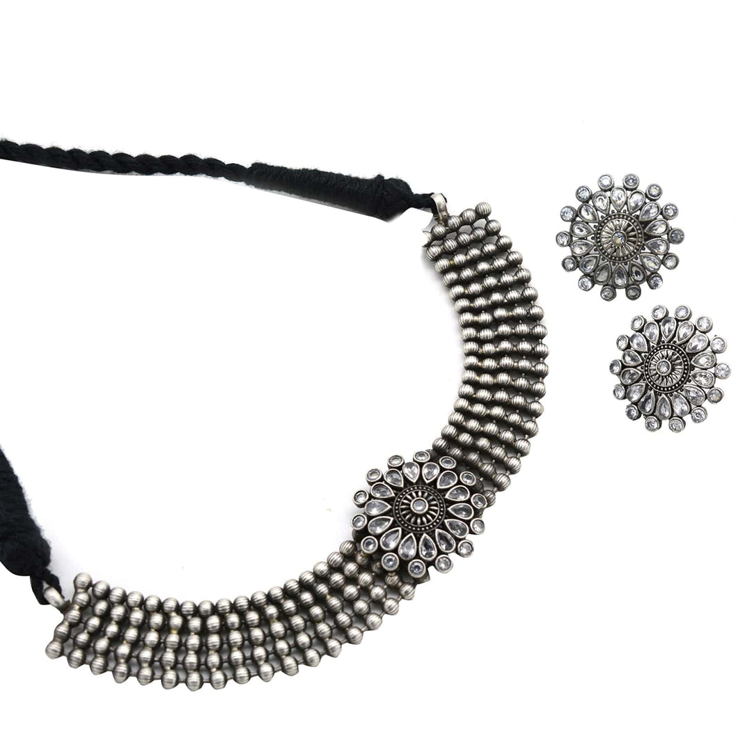 Sasha White Circular Silver Oxidized Necklace Set - Teejh