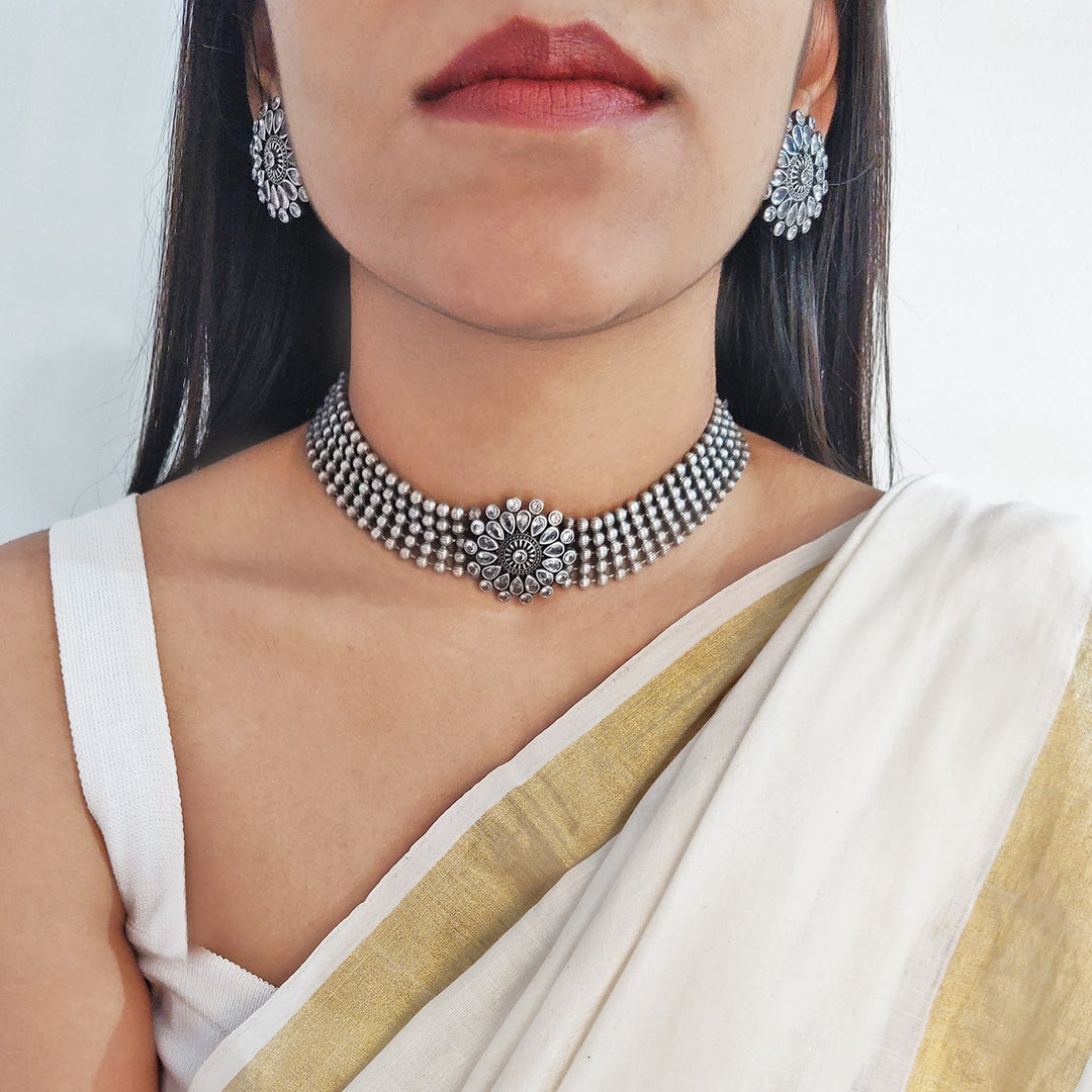 Sasha White Circular Silver Oxidized Necklace Set - Teejh