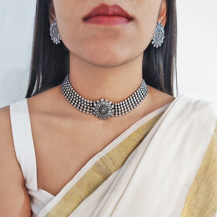 Sasha White Circular Silver Oxidized Necklace Set - Teejh
