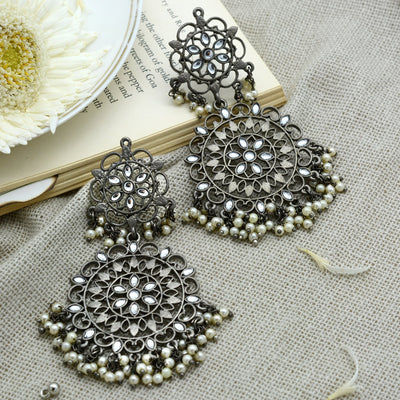 Swati Silver Oxidized Filigree Statement Earrings - Teejh