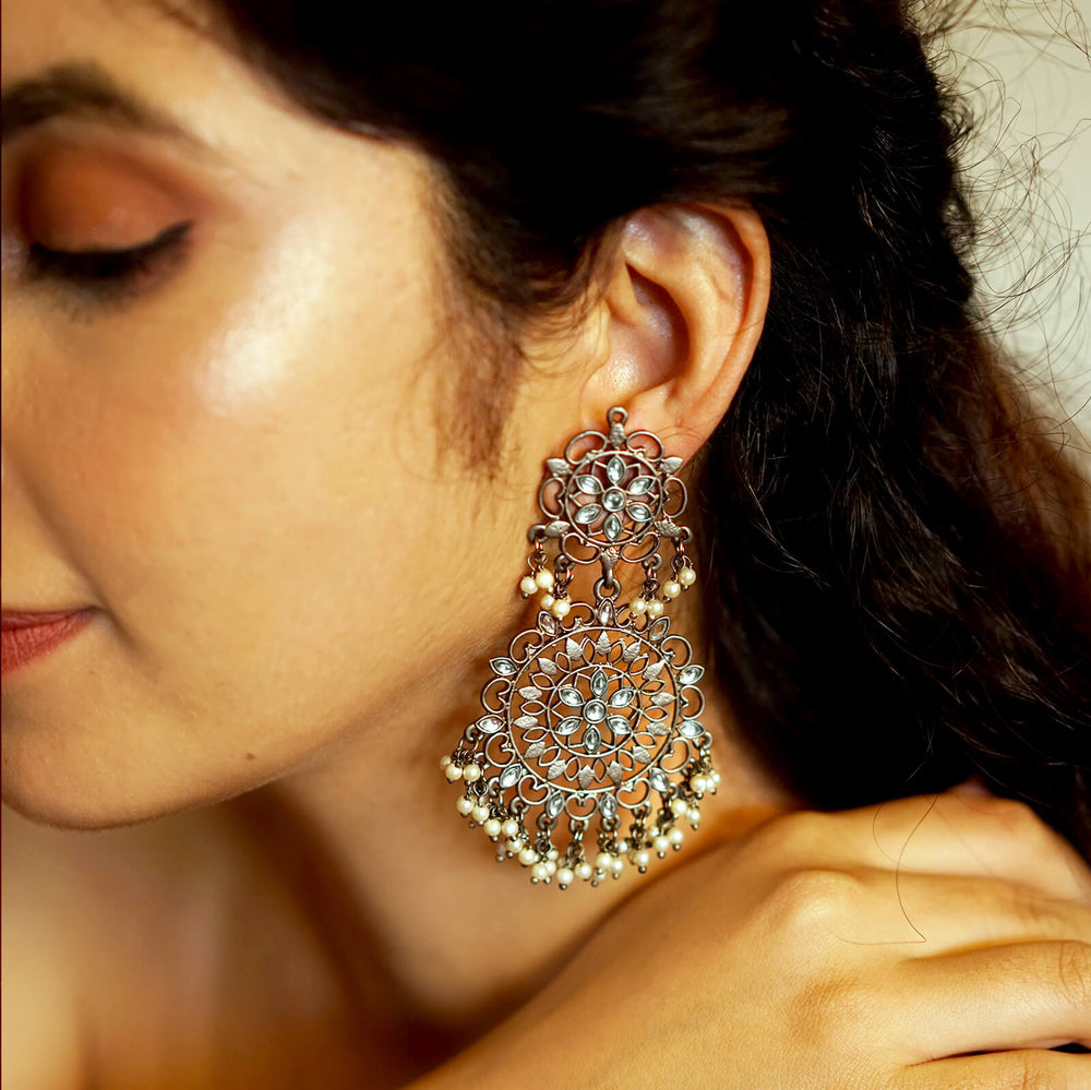 Swati Silver Oxidized Filigree Statement Earrings - Teejh