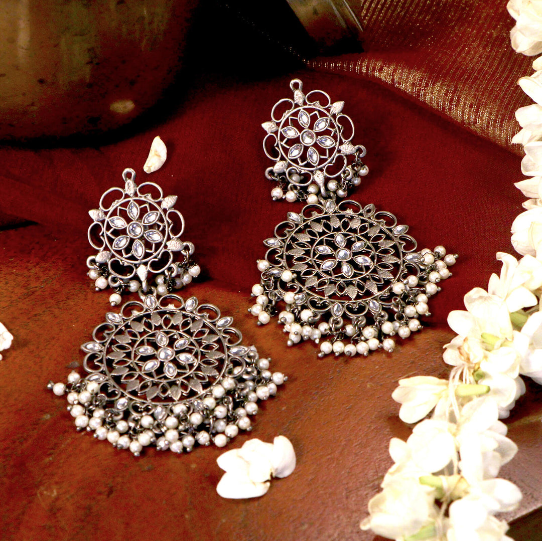 Swati Silver Oxidized Filigree Statement Earrings - Teejh
