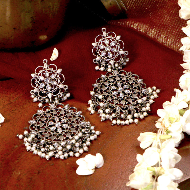 Swati Silver Oxidized Filigree Statement Earrings - Teejh