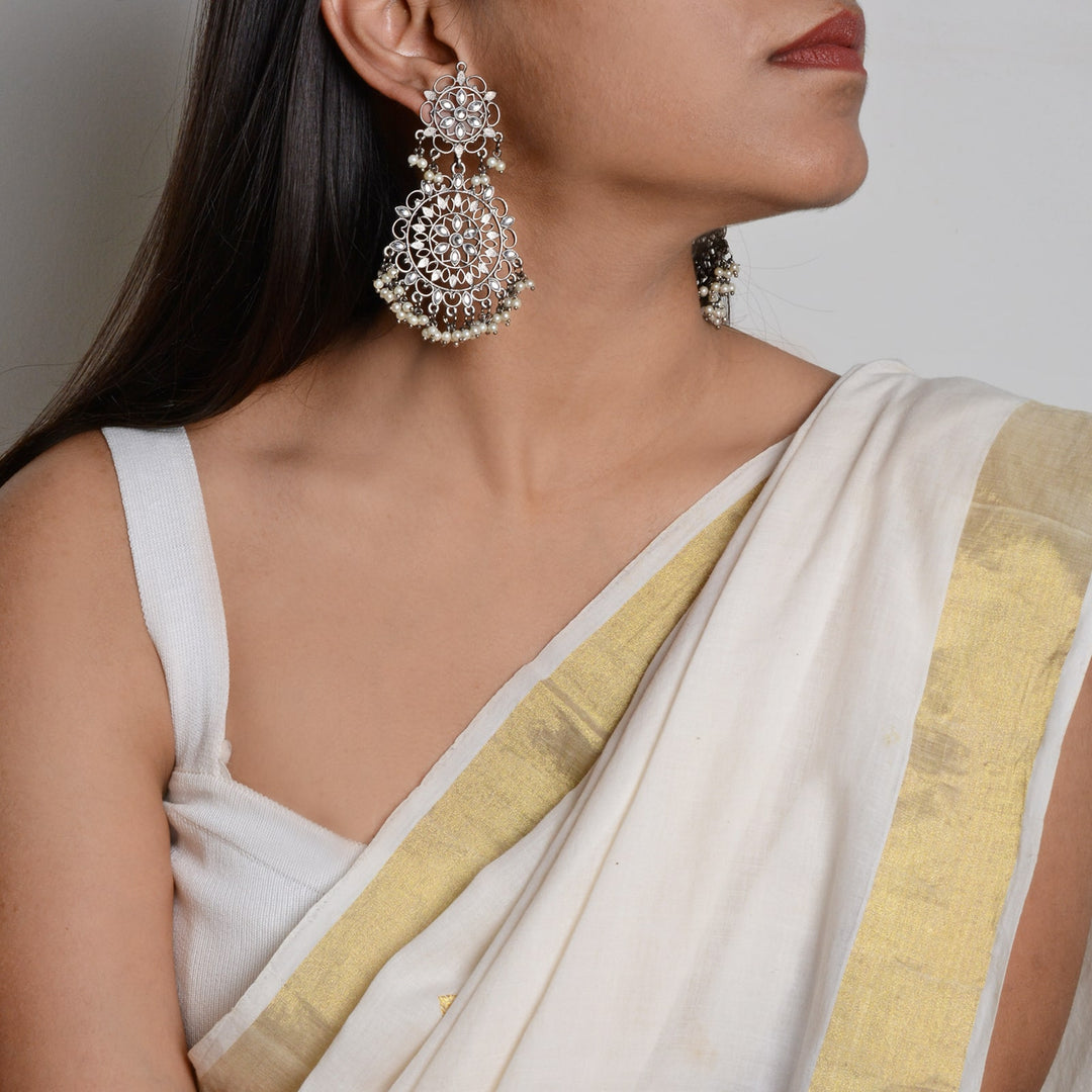 Swati Silver Oxidized Filigree Statement Earrings - Teejh