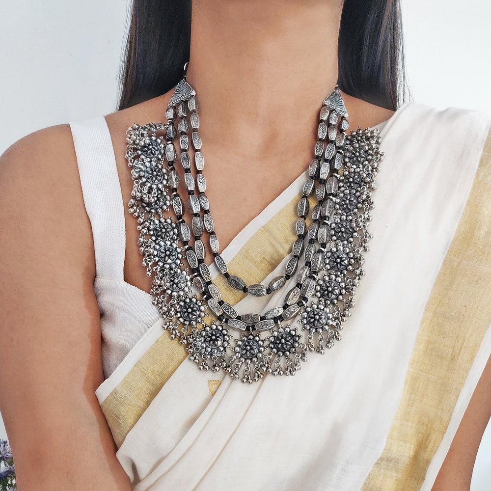 Arunima Floral Silver Oxidized Long Layered Necklace - Teejh
