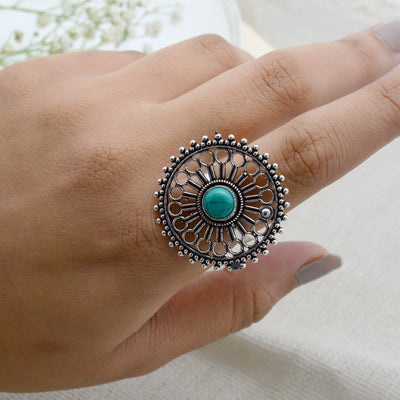Aruna Turquoise Silver Oxidized Filigree Ring - Teejh