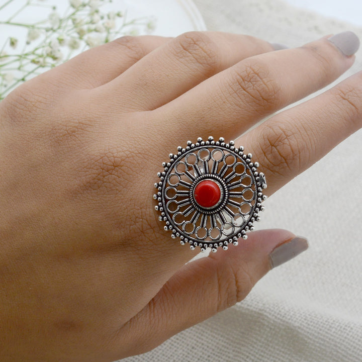 Aruna Red Silver Oxidized Filigree Ring - Teejh