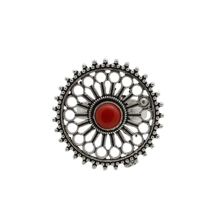 Aruna Red Silver Oxidized Filigree Ring - Teejh