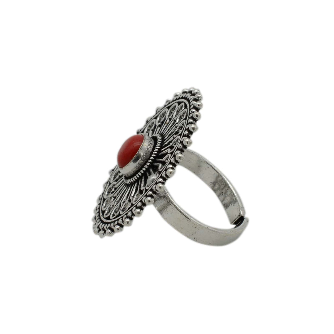 Aruna Red Silver Oxidized Filigree Ring - Teejh