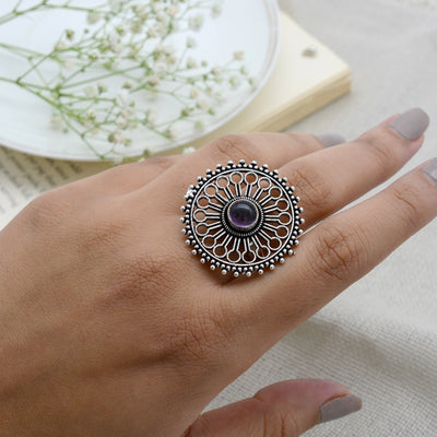 Aruna Purple Silver Oxidized Filigree Ring - Teejh
