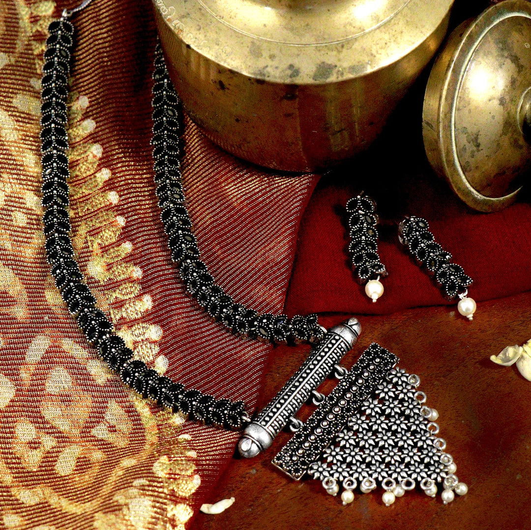Teejh Niti Black Stone Silver Oxidized Long Necklace Set