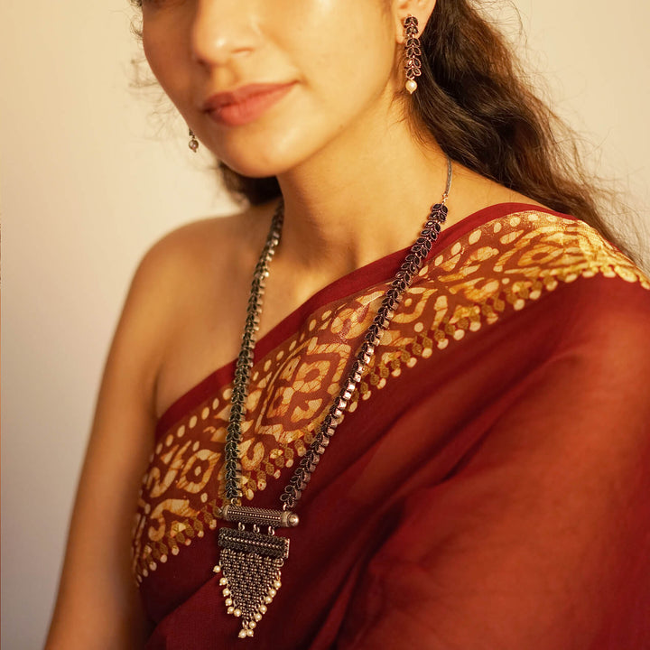 Teejh Niti Black Stone Silver Oxidized Long Necklace Set