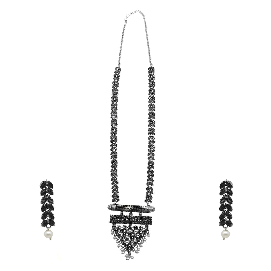Teejh Niti Black Stone Silver Oxidized Long Necklace Set