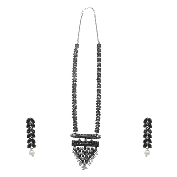 Teejh Niti Black Stone Silver Oxidized Long Necklace Set