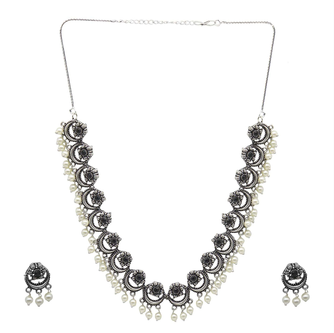 Teejh Rupa Black Stone Silver Oxidized Floral Necklace Set