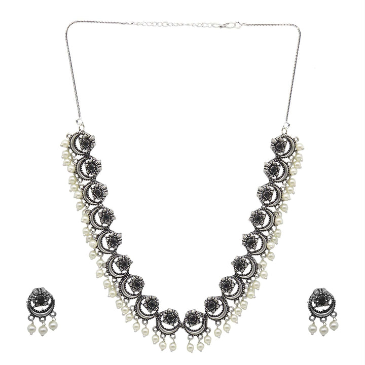 Teejh Rupa Black Stone Silver Oxidized Floral Necklace Set