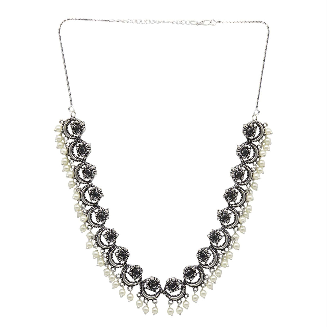 Teejh Rupa Black Stone Silver Oxidized Floral Necklace Set
