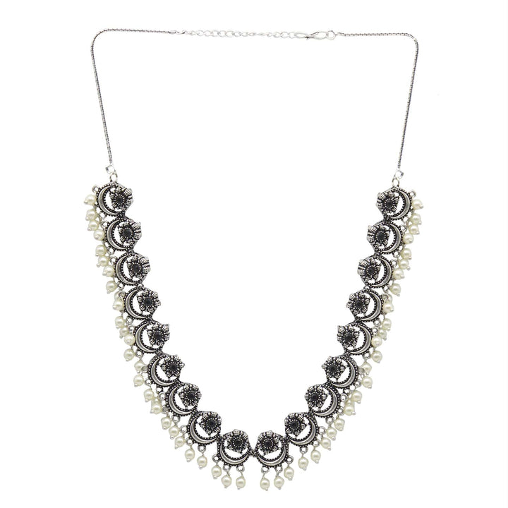 Teejh Rupa Black Stone Silver Oxidized Floral Necklace Set