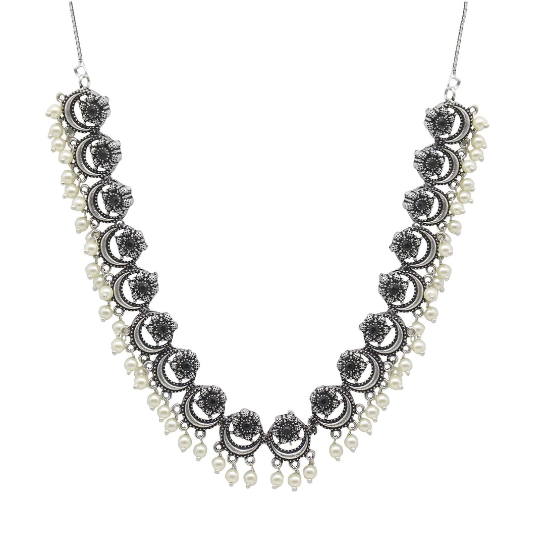 Teejh Rupa Black Stone Silver Oxidized Floral Necklace Set