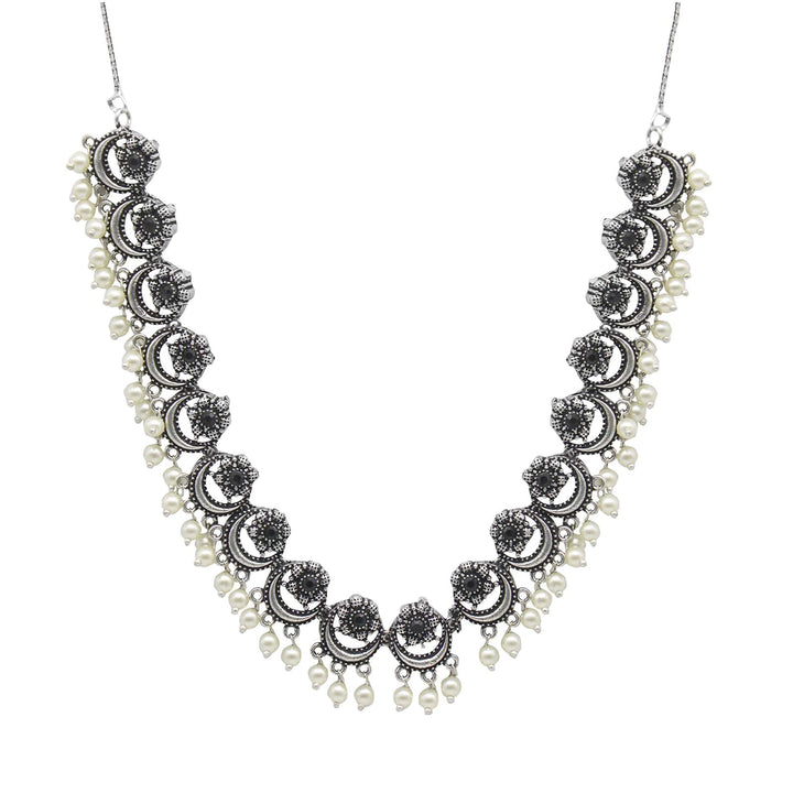 Teejh Rupa Black Stone Silver Oxidized Floral Necklace Set