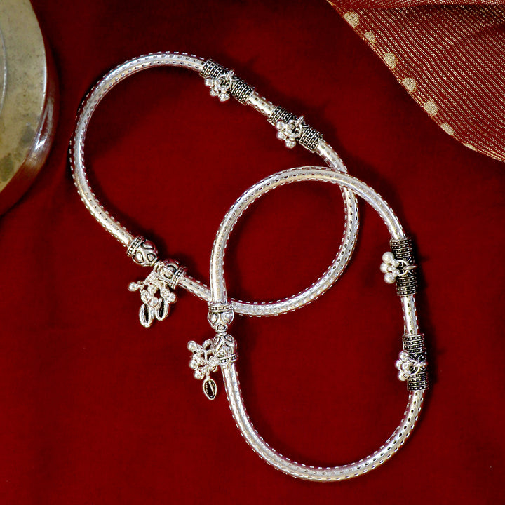 Teejh Double Cylindrical Silver Oxidized Charm Anklets