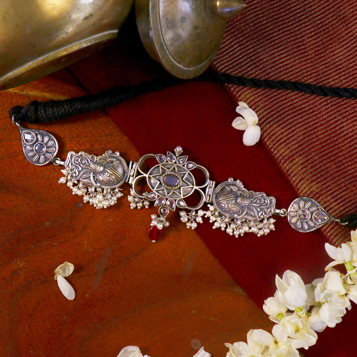 Teejh Dancing Dual Peacock White Silver Oxidized Choker Necklace
