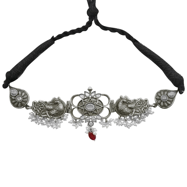Teejh Dancing Dual Peacock White Silver Oxidized Choker Necklace