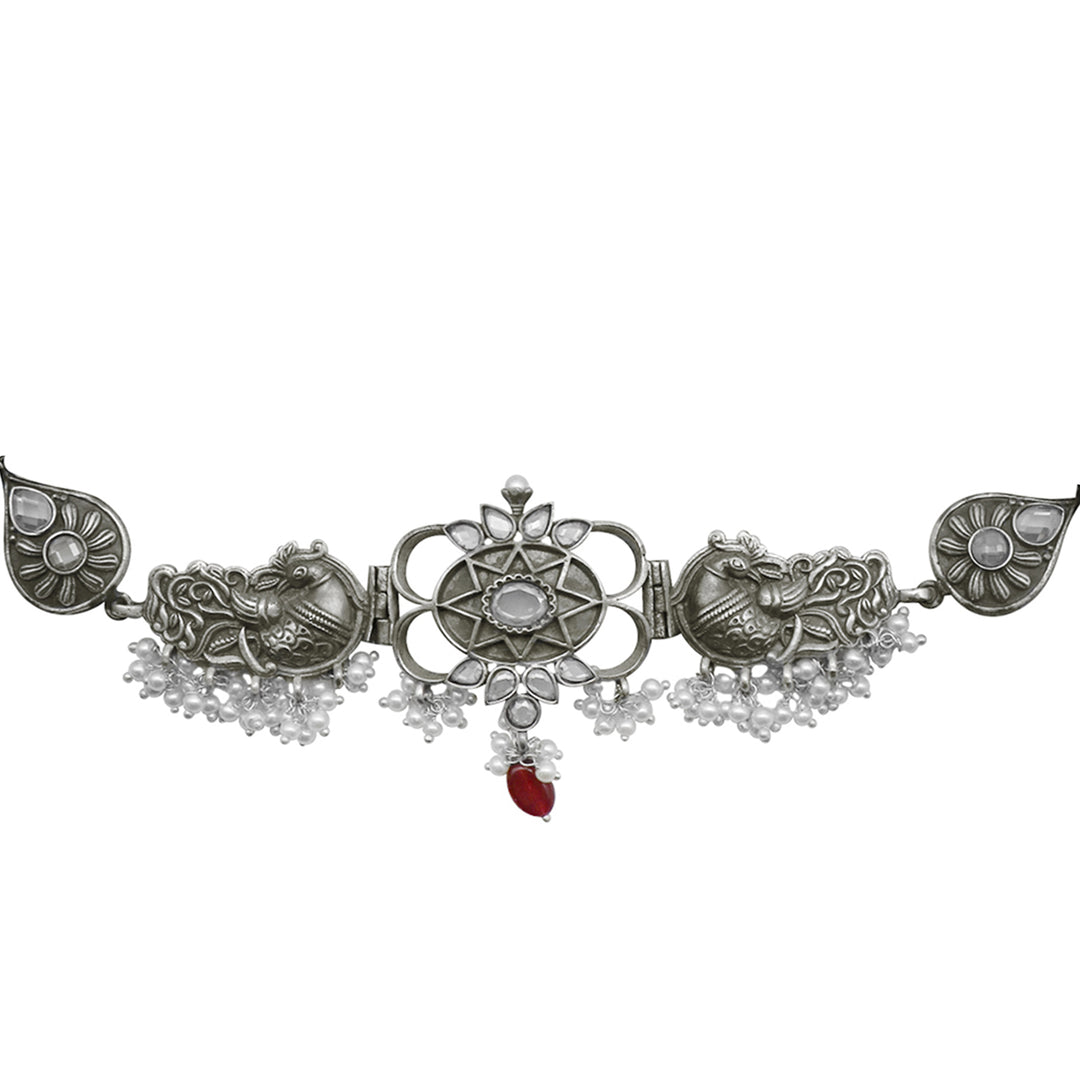 Teejh Dancing Dual Peacock White Silver Oxidized Choker Necklace