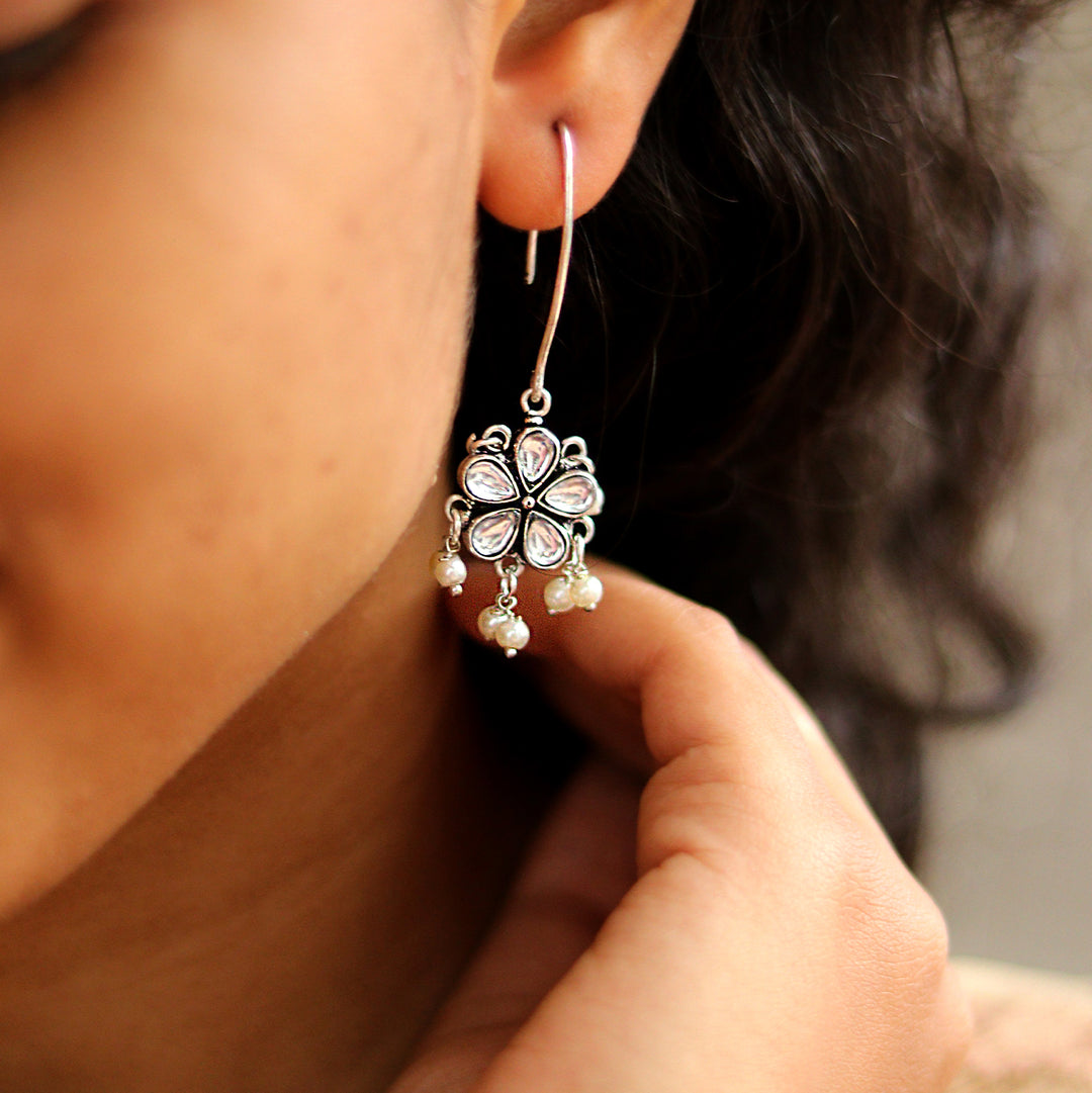 Teejh Mellow Polki Silver Oxidized Pearl Earrings