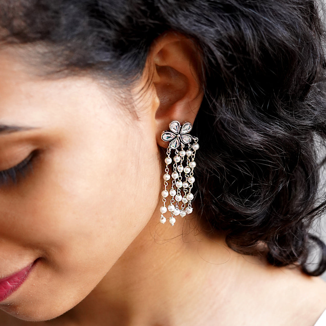 Teejh Blossom Polki Silver Oxidized Pearl Earrings