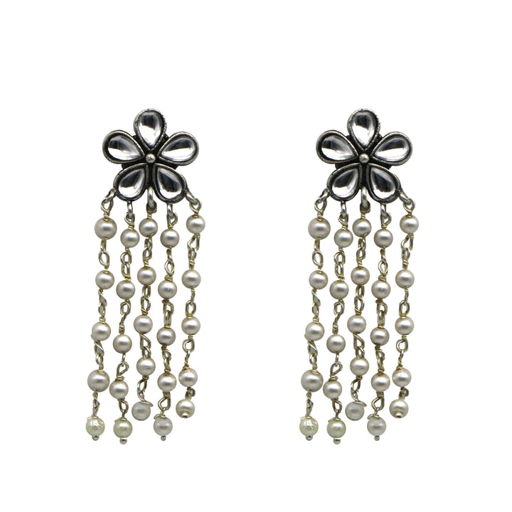Teejh Blossom Polki Silver Oxidized Pearl Earrings