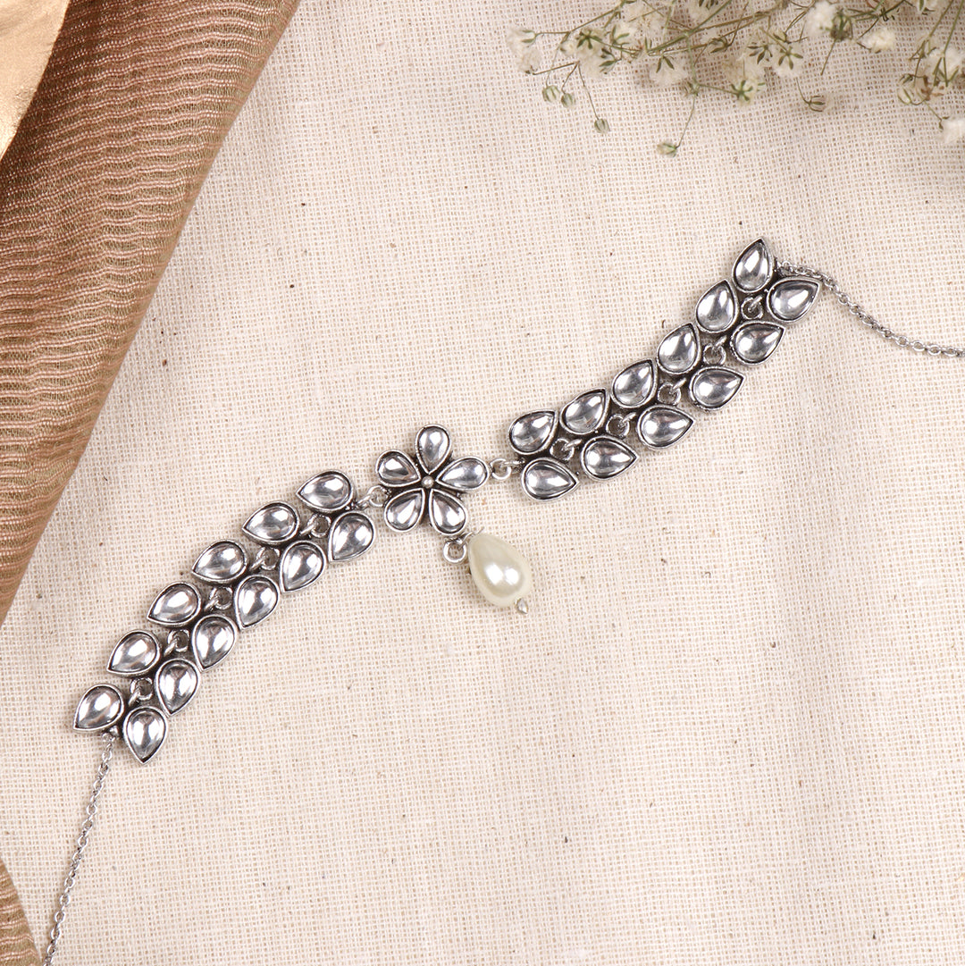 Teejh Glare Polki Silver Oxidized Pearl Choker Necklace
