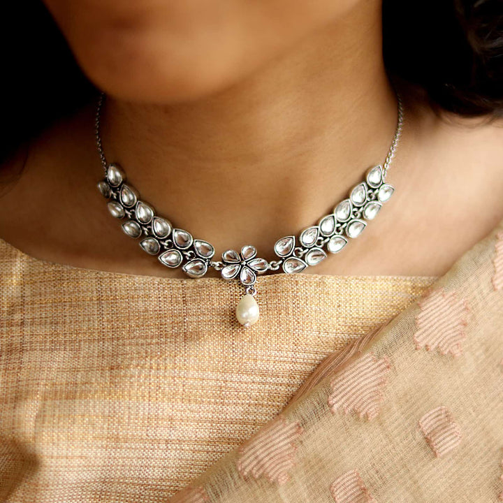 Teejh Glare Polki Silver Oxidized Pearl Choker Necklace