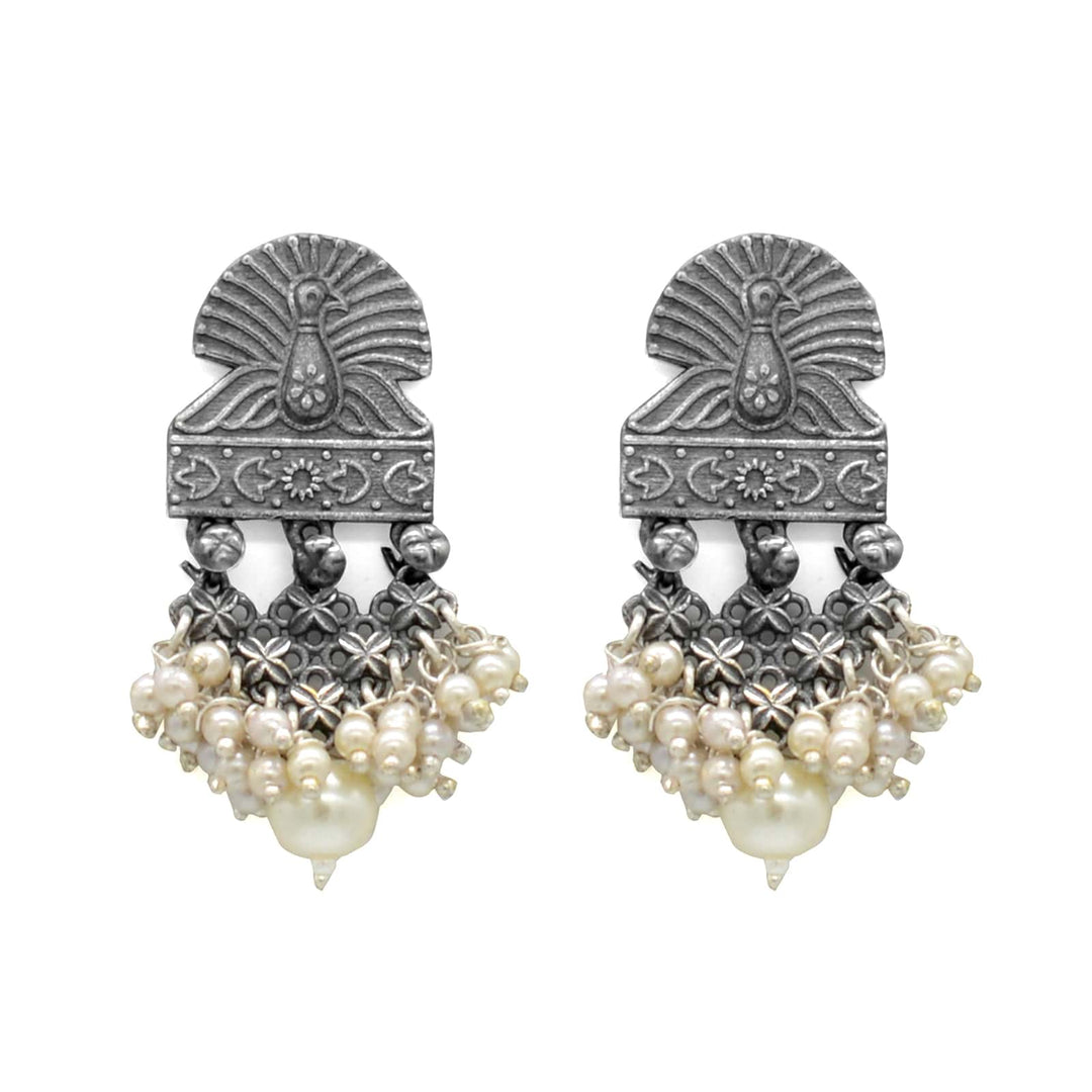 Antique Silver Peacock Pearl Earrings - Teejh