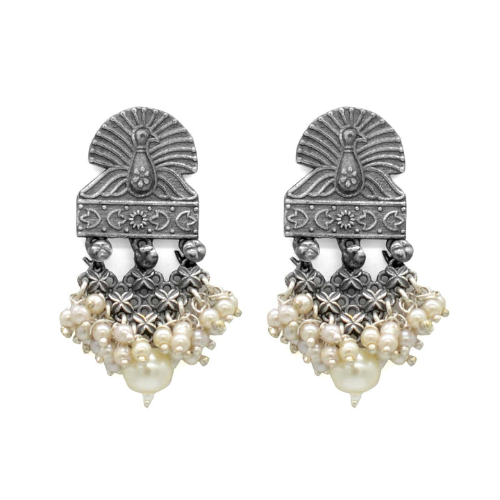 Antique Silver Peacock Pearl Earrings - Teejh