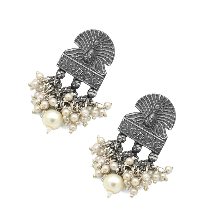 Antique Silver Peacock Pearl Earrings - Teejh