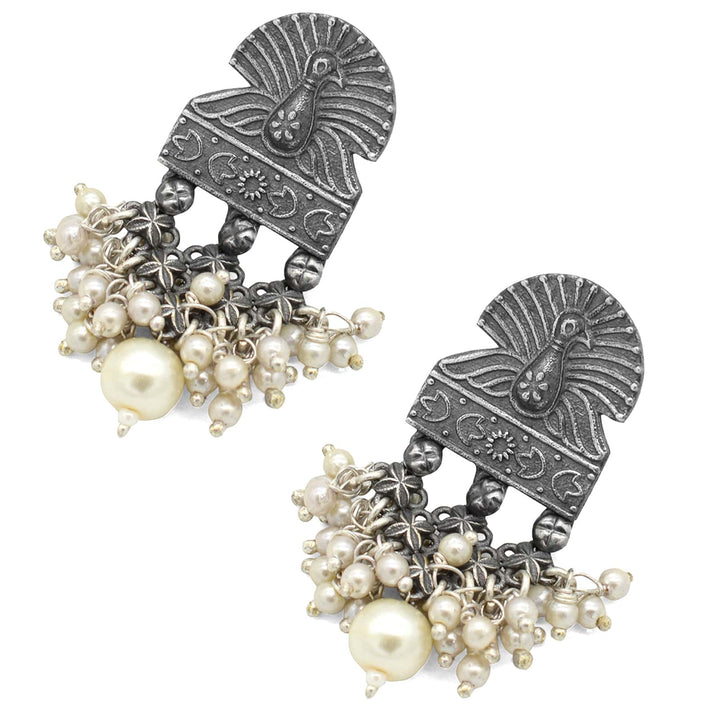 Antique Silver Peacock Pearl Earrings - Teejh