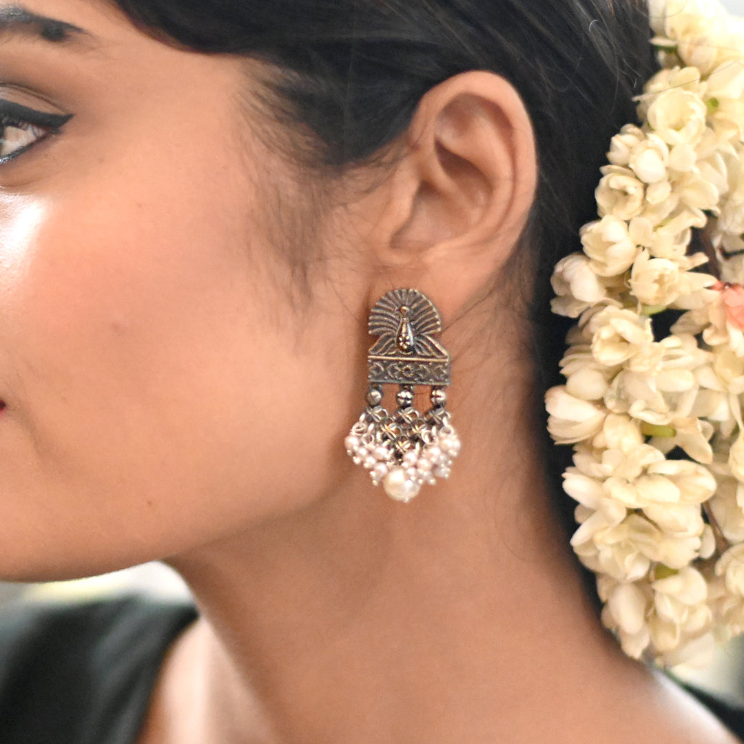 Antique Silver Peacock Pearl Earrings - Teejh