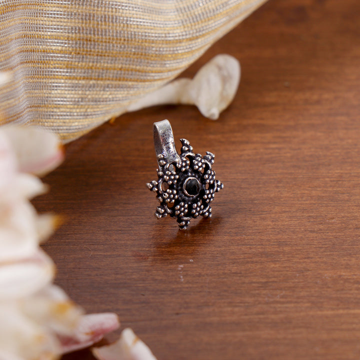 Teejh Gauri Black Stone Floral Nose pin