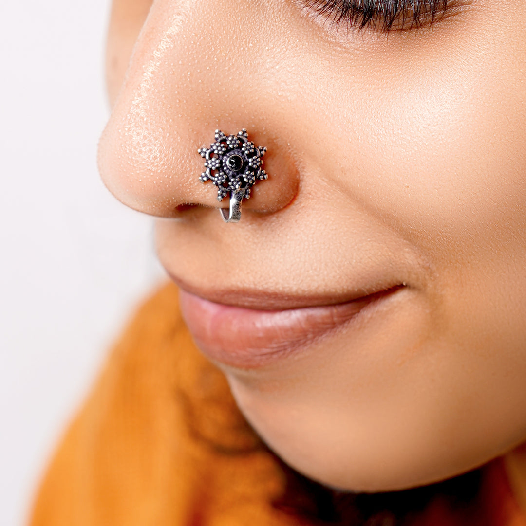 Teejh Gauri Black Stone Floral Nose pin