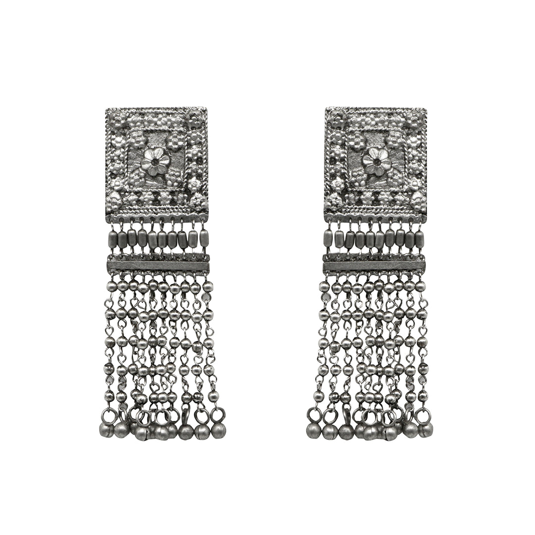 Teejh Sneha Square Motif Silver Ghungroo Oxidised Earrings