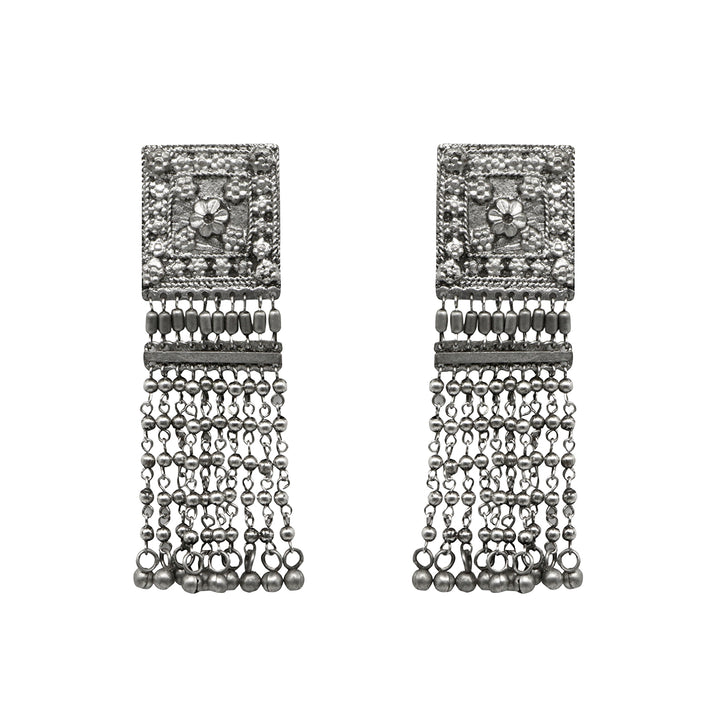Teejh Sneha Square Motif Silver Ghungroo Oxidised Earrings